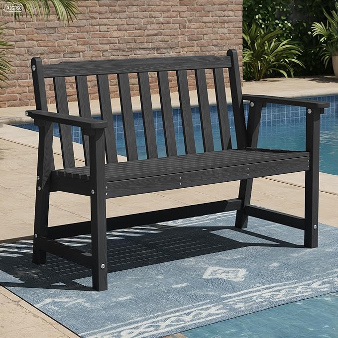 Ciokea 48" Outdoor Bench, HDPE Weatherproof Porch Bench, 2-Person Garden Benches with 550 Lbs, Waterproof Patio Benches for Outside Balcony Deck Backyard, Black