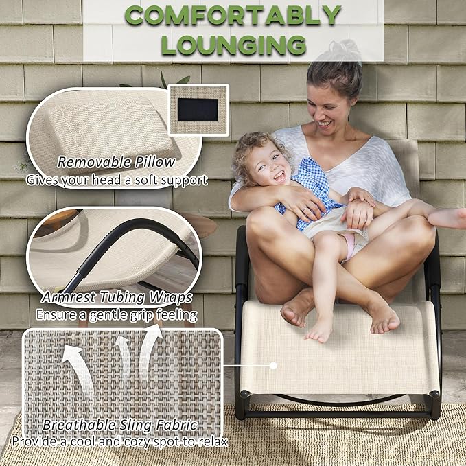 Outsunny Rocking Chair, Zero Gravity Patio Chaise Sun Lounger, Outdoor Rocker, UV Water Resistant, Pillow for Sunbathing, Lawn, Garden or Pool, Light Brown
