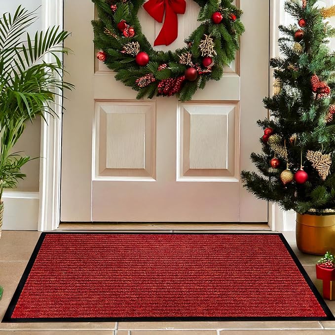 LuxUrux Striped Red Christmas Door Mat - Heavy Duty, Indoor/Outdoor, Easy Clean, Waterproof, Low-Profile (24'' x 16'') - Festive, Durable Solution for High Traffic Areas
