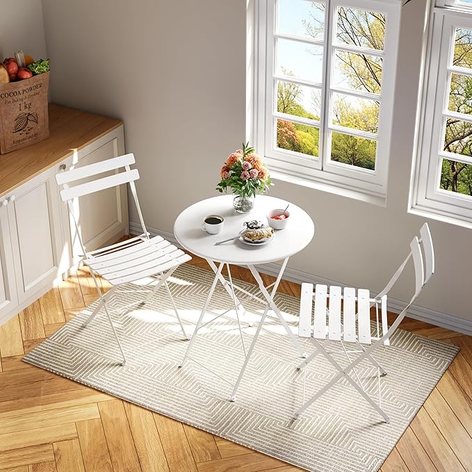 Bistro Table and Chairs Set of 2, 3 Piece Outdoor/Indoor Folding Patio Bistro Sets, 2 Chair Patio Furniture Set with Table, Premium Frame Foldable Coffee Tables for Balcony, Yard, Garden, White