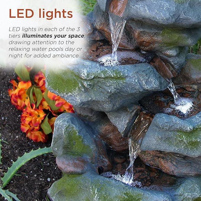 Alpine Corporation 22" Tall 3-Tier Outdoor Rock Waterfall Fountain with LED Lights, Natural Stone Look for Garden, Patio, Yard & Porch Decor, Gray