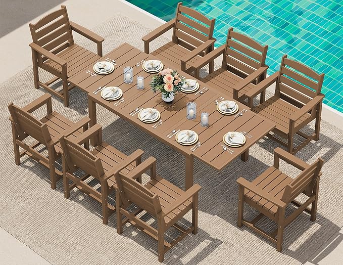 SERWALL 9-Piece Outdoor Dining Set, 60" - 83" Expandable Outdoor Dining Table and 8 HDPE Chairs, All Weather HDPE Outdoor Furniture Set for Backyard, Garden, Brown