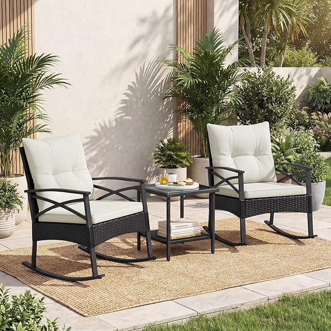 Tangkula 3 Pieces Outdoor Rocking Chairs Set, Rattan Heavy Duty Cushioned Rocker Chairs with 2-Tier Tempered Glass Coffee Table, for Garden, Balcony, Backyard (Black+Beige)