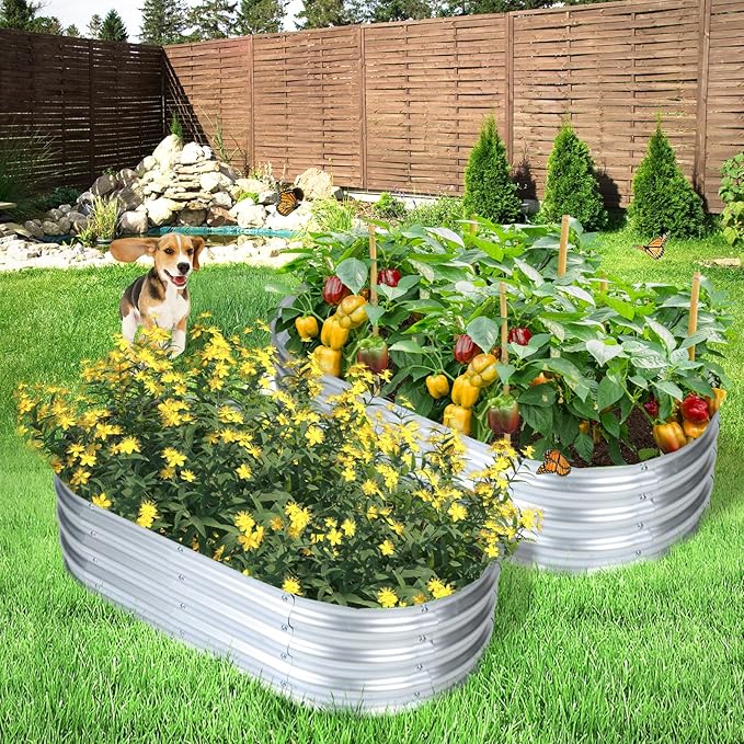 Aoodor 2PCS Galvanized Raised Garden Bed Kit, 4 x 2 x 1 Ft, Oval Planter Boxes for Vegetables, Flowers, and Herbs, Outdoor Use, Silver