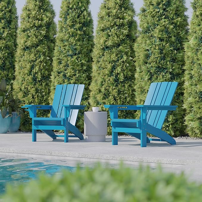 Flash Furniture Halifax Adirondack Chairs with Cup Holders, Weather Resistant Poly Resin Adirondack Chairs, Set of 2, Blue