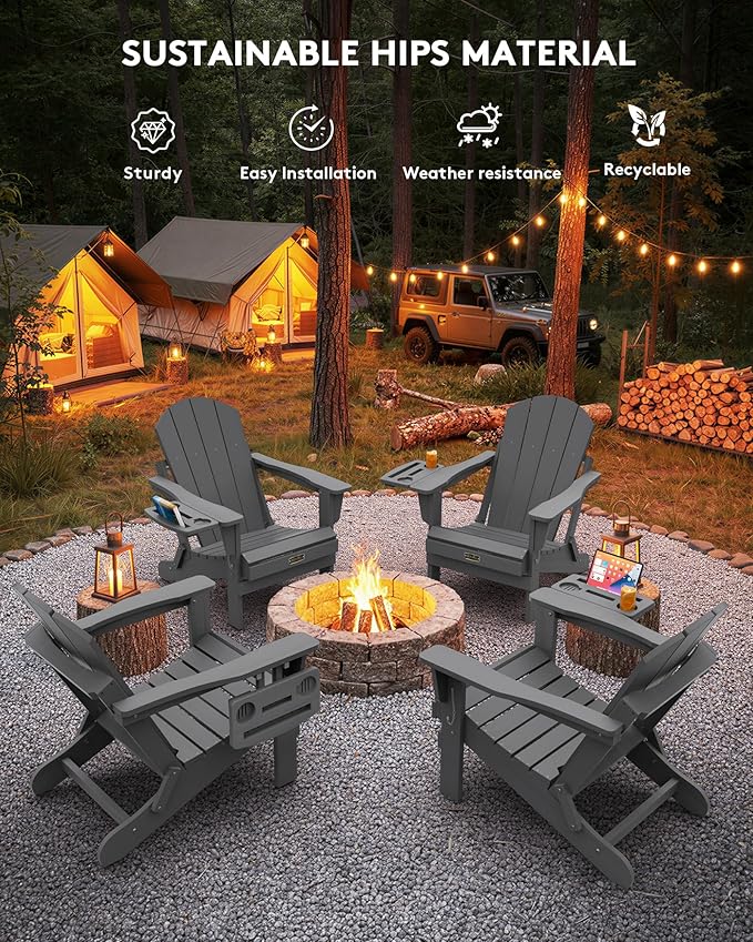 SERWALL Folding Adirondack Chair Set of 4, Outdoor Adirondack Chairs with 4 in 1 Cup Holder, Wood Texture Patio Chairs, Weather Resistant Fire Pit Chairs for Patio Deck Garden, Backyard Deck - Gray