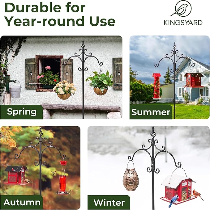 Kingsyard Double Shepherd Hooks for Outdoor - 2 Pack 92" Heavy Duty Bird Feeder Pole with 5-Prong Base, Adjustable Garden Pole for Hanging Bird Feeders Plants Solar Light Lantern, Black