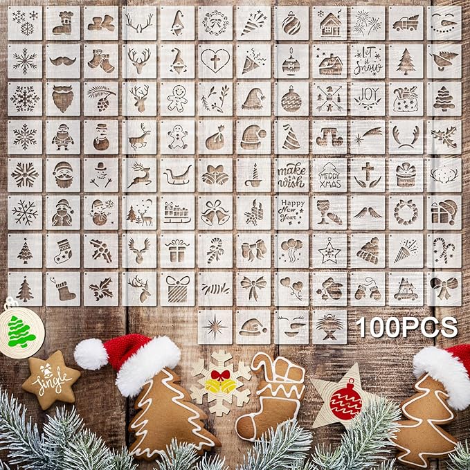 Fainne 100 Pcs 2 Inch Stencils Small Stencils for Painting on Wood Reusable Painting Templates Crafts for DIY Scrapbook, Wood, Wall, Fabric, Rock, Chalkboard, Sign(Santa Style)