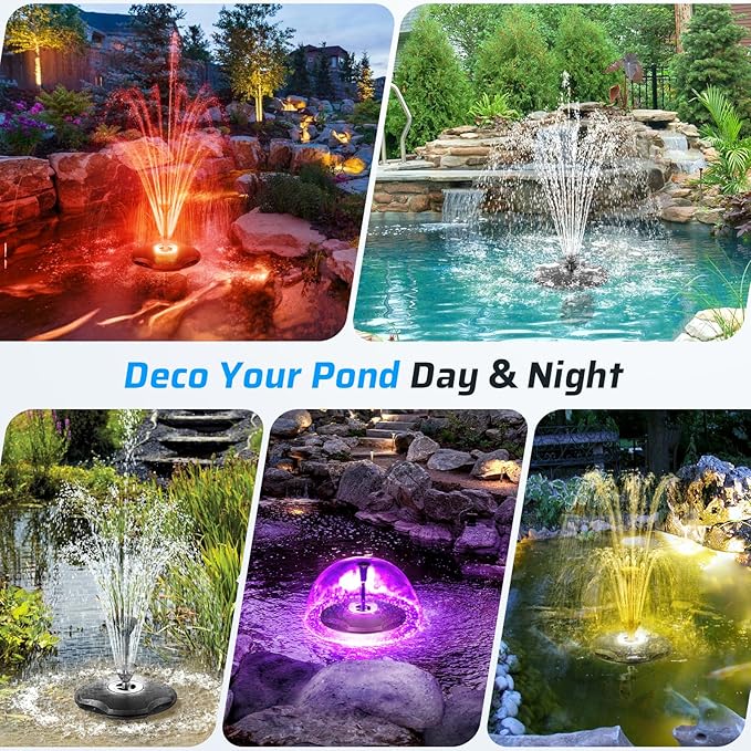 Anfraer Floating Pond Fountain with LED Lights, 660GPH RGB Floating Fountain with 3 Spray Modes, Pond Pump with 27FT Power Cord & 65.6FT Mooring Line for Pond Garden Fish Tank