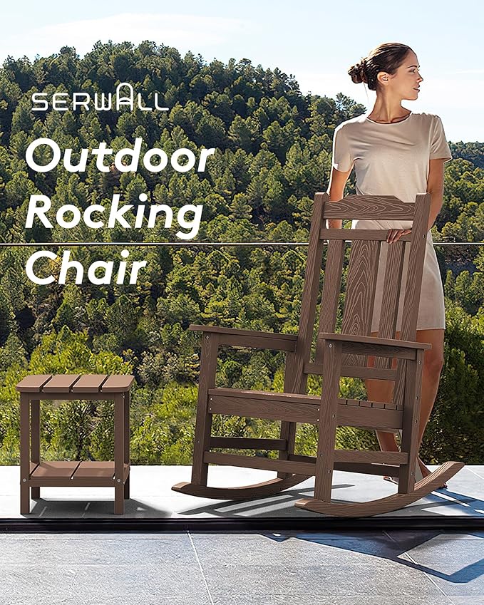 SERWALL Oversized Rocking Chair Set of 2 Outdoor, HDPE Outdoor Rocking Chair Set of 2, Coffee