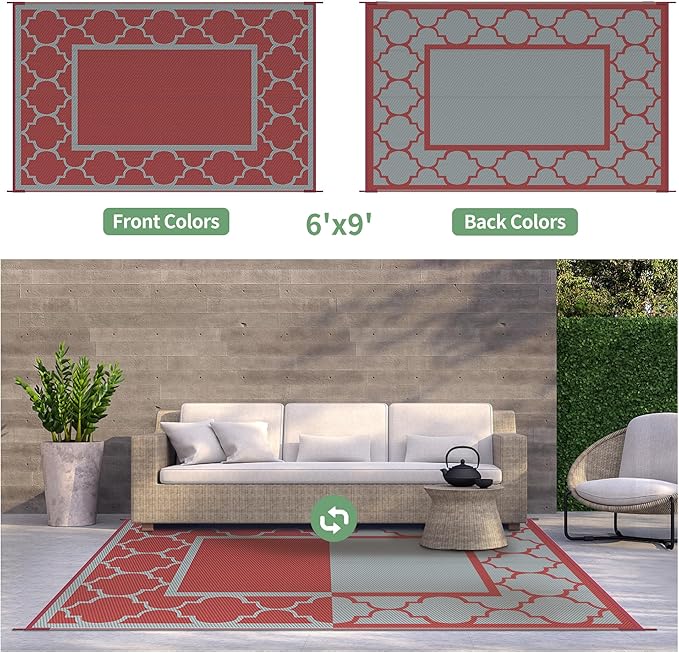 GENIMO 6' x 9' Outdoor Rug Waterproof for Patio Christmas Decor, Foldable Reversible Plastic Straw Area Rugs Mat for Camper, Outside Carpet for Rv, Deck, Porch, Picnic, Beach, Balcony, Red & Grey