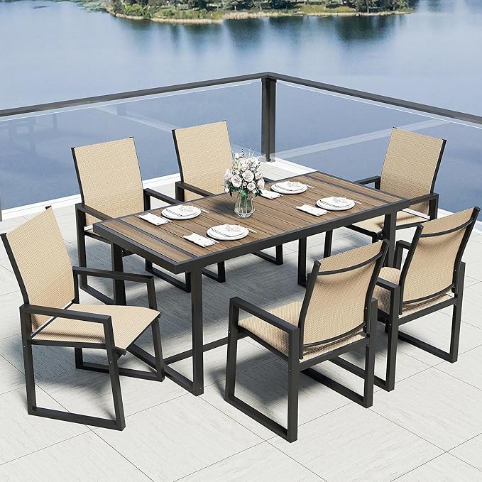 7 Piece Patio Dining Set for 6, Outdoor Furniture Set Includes 67" Rectangle Patio Table and 6 Textilene Dining Chairs, Outdoor Table and Chairs for Outsides, Backyard, Garden and Poolside