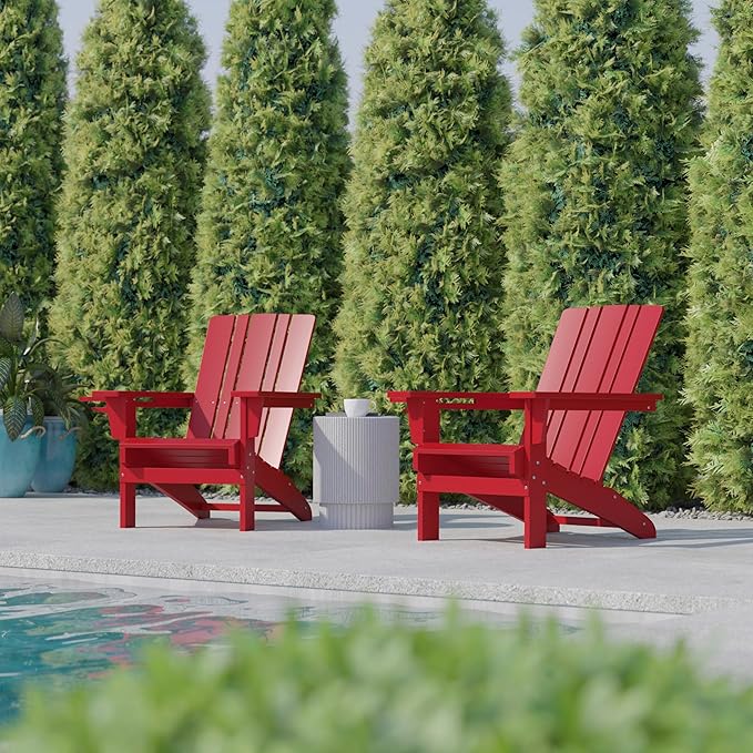 Flash Furniture Halifax Adirondack Chairs with Cup Holders, Weather Resistant Poly Resin Adirondack Chairs, Set of 2, Red