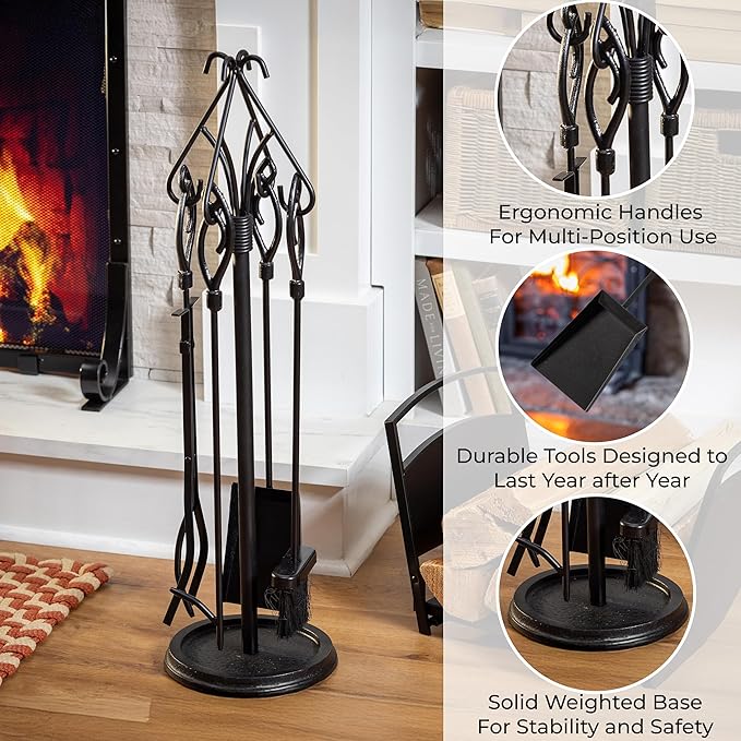Plow & Hearth Gothic 5 Piece Fireplace Tool Set with Poker Tongs Shovel Broom and Stand | 32.5" H | Black Wrought Iron Handle for Outdoor Indoor | Wood Stove Firepit Accessory