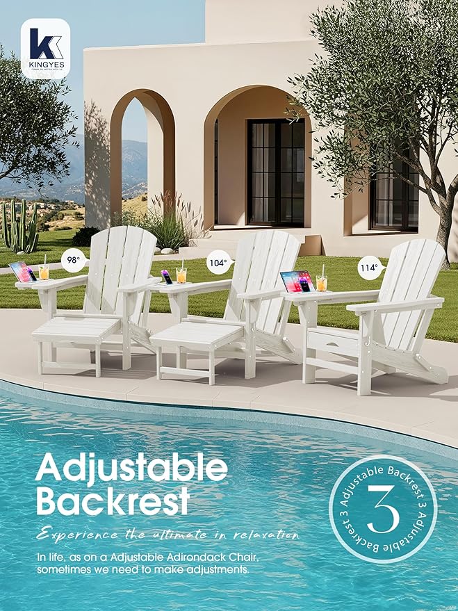 KINGYES Adjustable Folding Adirondack Chair with Footrest & 4-in-1 Multi-Functional Armrest Organizer Set of 4, HDPE Foldable Recliner Adirondack Chair with Pull-Out Ottoman, White