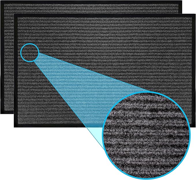 LuxUrux Striped Grey Door Mat - Heavy Duty, Indoor/Outdoor, Easy Clean, Waterproof, Low-Profile (24'' x 16'') - Ideal for Entry, Patio, Garage - Durable Solution for High Traffic Entrance Ways