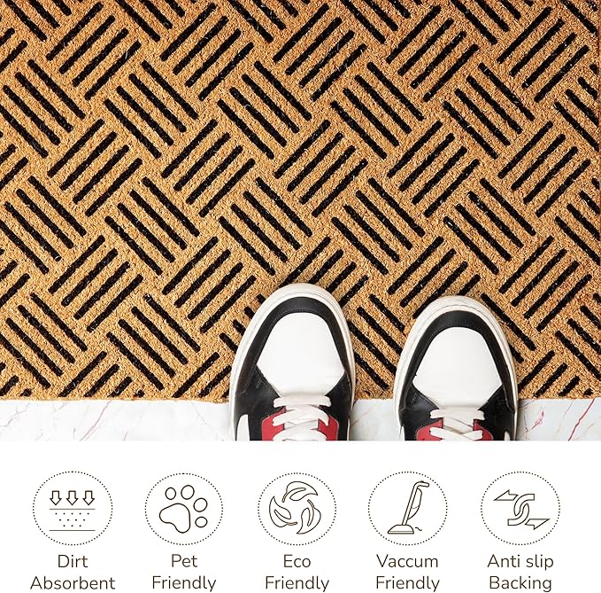 Welcome Doormats, Natural Coco Coir Mats with Non-Slip PVC Backing, Indoor Outdoor Mats for Home & Office, Floor Rugs for Door Decor, Geometric Porch Rug with Black Diamond Pattern, 30"x17"