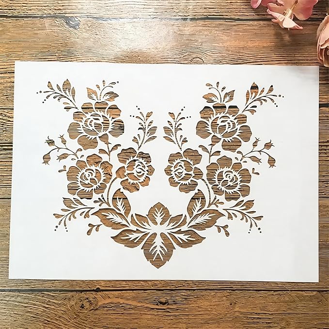 TIAMECH A4 Reusable Rose Branch Stencil for Painting - Flower Leaves Layering Template, DIY Wall Art, Wood Furniture, Scrapbook & Crafts (8.3x11.7inch)