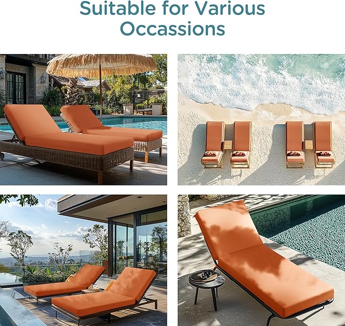 Codi Outdoor Lounge Chair Cushion, Chaise Cushions for Patio Furniture, Double Waterproof Fabric for Pool, Garden, Beach, 72 x 22.5 x 3.5 Inch 1PK Spice
