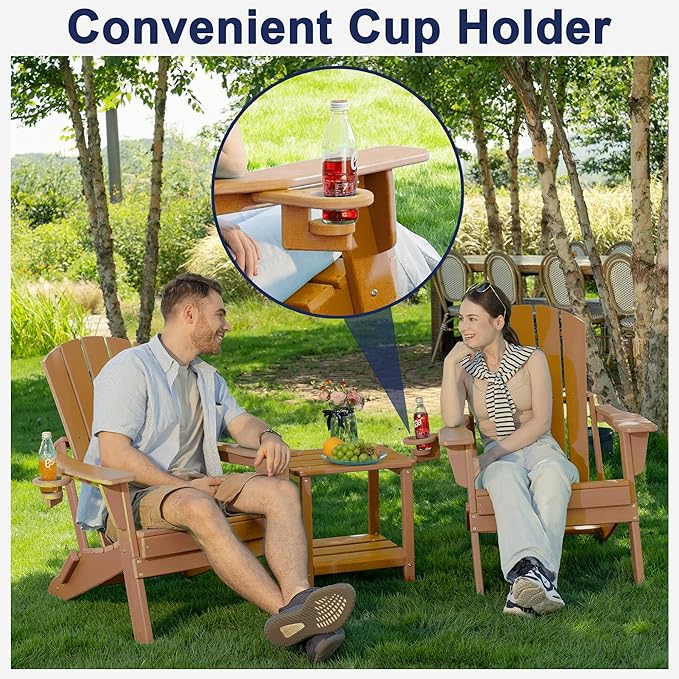 Plawdlik Folding Adirondack Chair, SGS Tested, Wooden Textured with Cup Holder, Heavy All-Weather HDPE Comfortable Set Poolside Backyard Lawn Teak