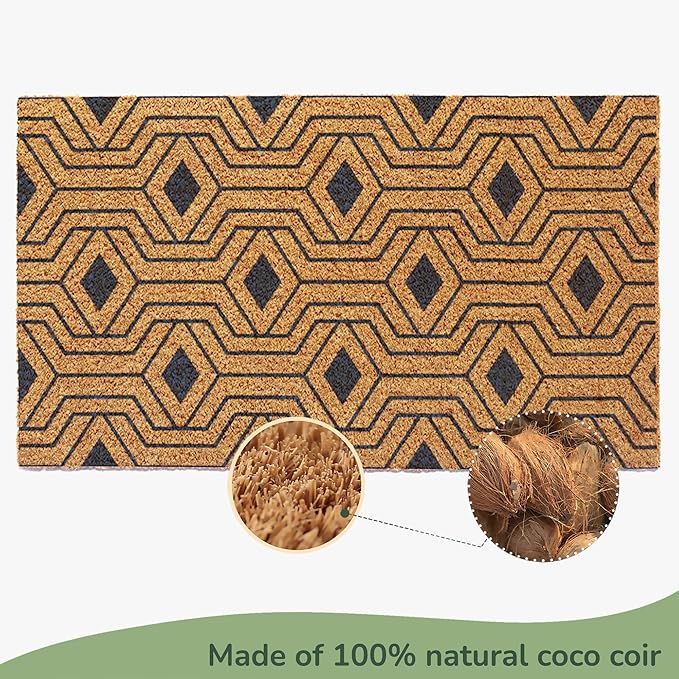 Welcome Doormats, Natural Coco Coir Mats with Non-Slip PVC Backing, Indoor Outdoor Mats for Home & Office, Floor Rugs for Door Decor with Geometric Hexagon Pattern, Orion Blue, 30"x17"