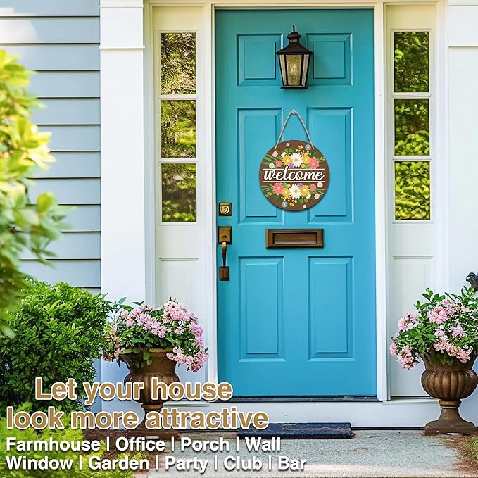 Welcome Front Door Sign, Spring Summer Flower Wooden Hanging Sign, Floral Farmhouse Front Door Hanger, Round Indoor Outdoor Home Porch Window Decor(10"x10")-B03
