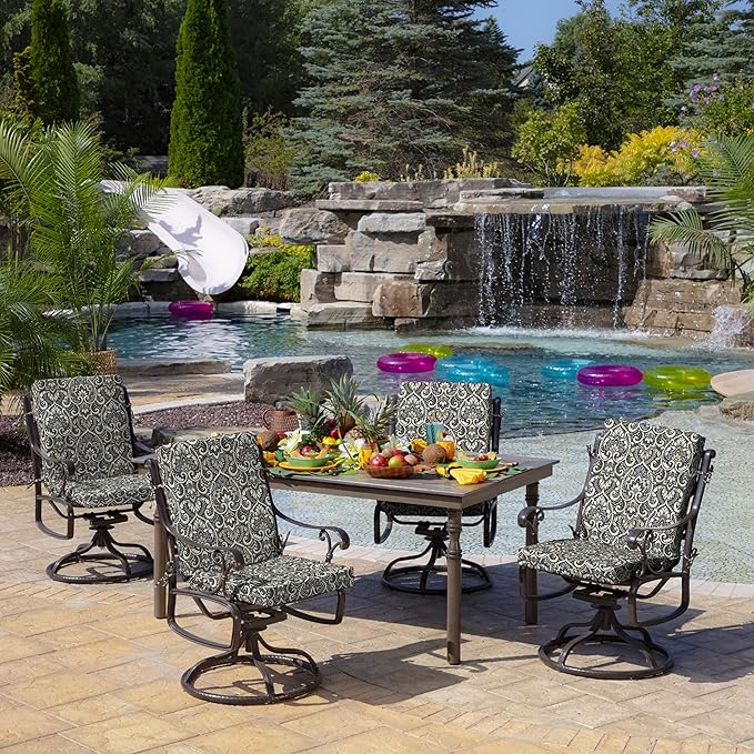 Arden Outdoor Midback Chair Cushion, 18 x 16.5, Rain-Proof, Fade Resistant Black Aurora Damask