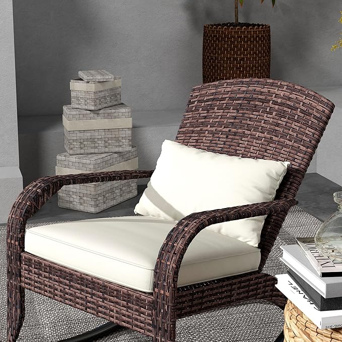 Outsunny Outdoor Wicker Adirondack Rocking Chair, Patio Rattan Rocker Chair with High Back, Seat Cushion, and Pillow for Garden, Porch, Balcony, Cream White