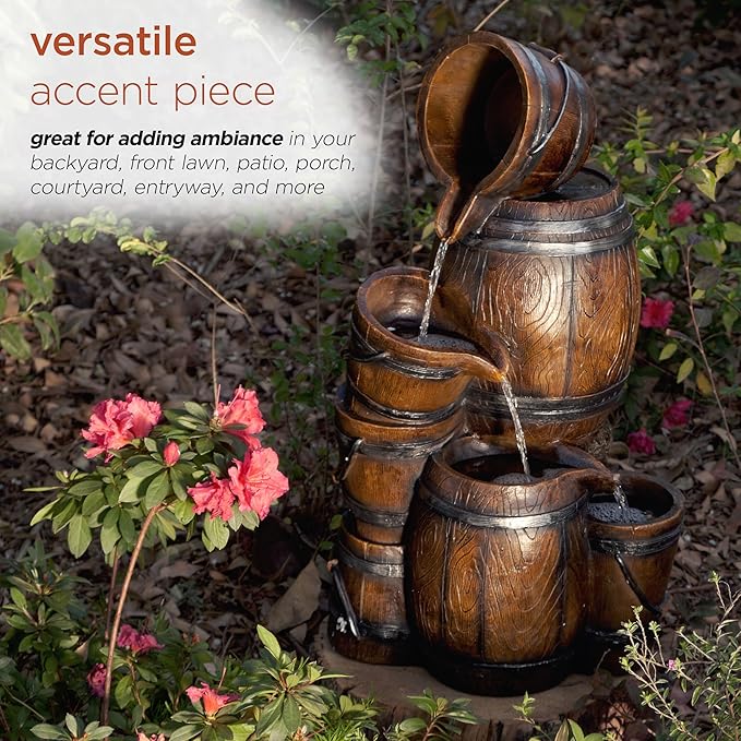 Alpine Corporation ZEN409S Outdoor Rustic 4-Tiered Barrels and Buckets Water Floor Fountain - Farmhouse Style, 24 Inch Tall, Brown