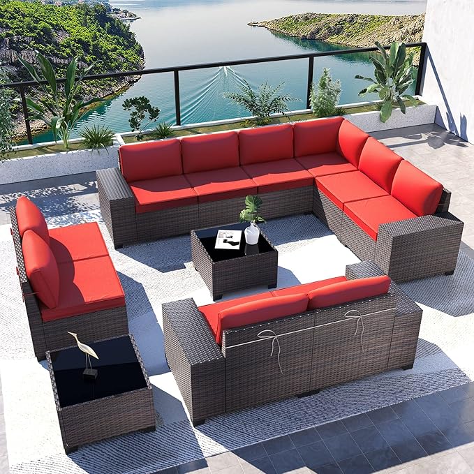 Kullavik 12PCS Outdoor Patio Furniture Set PE Wicker Rattan Sectional Sofa Patio Conversation Sets,Red