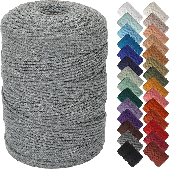 NOANTA Gray Macrame Cord 3mm x 328yards, Colored Macrame Rope, Cotton Rope Macrame Yarn, Colorful Cotton Craft Cord for Wall Hanging, Plant Hangers, Crafts, Knitting