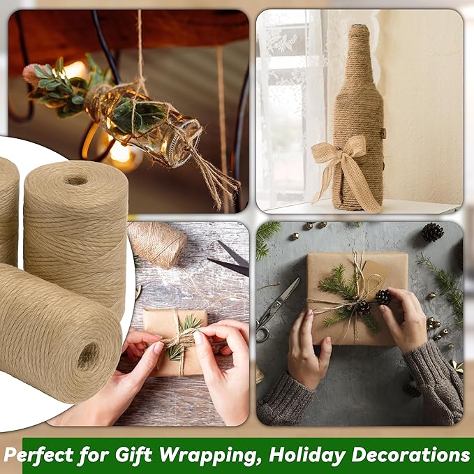 Gardzen 4 Pack Natural Jute Twine String (328 ft Each), 3-Ply Durable Brown Craft Twine for Gardening, Gift Wrapping, Flower Bouquet, Arts & Crafts, Hemp & Burlap String for DIY Projects
