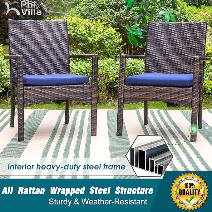 PHI VILLA 5 Pieces Outdoor Dining Set with Umbrella for 4, Round Metal Iron Dining Table & Wicker Chairs with Cushions & Large Beige Umbrella, Morden Dining Furniture for Patio, Deck, Yard, Porch