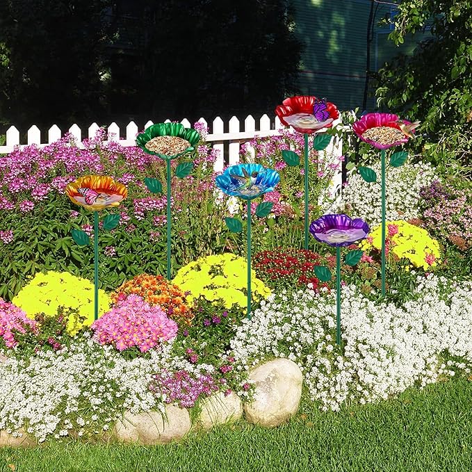LemonRoad 6 Pcs Metal Bird Baths for Outdoors Flower Pattern Bird Bath Feeders with Metal Stake for Garden Yard Lawn Outdoor Decor