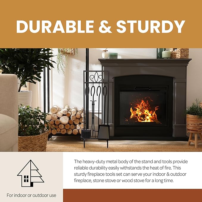 Lavish Home 5-Piece Fireplace Tools Set - Fire Tools for Fire Places, Fire Pits, and Woodstoves - Indoor/Outdoor Fireplace Accessories with Poker, Tongs, Brush, Shovel, and Stand (Black)