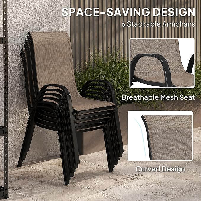 Outsunny 8 Pieces Patio Table and Chairs Set with 9 Ft Patio Umbrella, Outdoor Dining Set with 4.6 Ft Dining Table and 6 Chairs, Push Button Tilt and Crank Parasol, Tempered Glass Top, Mixed Brown