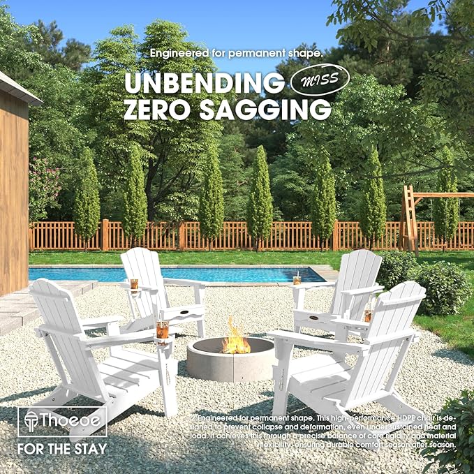 Folding Adirondack Chair Set of 8,HDPE All-Weather Outdoor Chair with Cup Holder,Wooden Textured,Fire Pit Chair,Plastic Patio Chair for Deck,Backyard,Garden,Lawn(White)