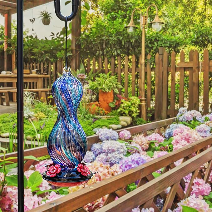 Hummingbird Feeder for Outdoors Hanging, Hand Blown Glass 24 OZ Capacity Hummingbird Bird Nectar Feeders with 4 Feeding Ports, Gifts for Women Mom Outside Garden Backyard Decor