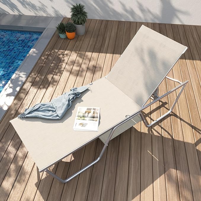 PHI VILLA 78" Oversized Outdoor Chaise Lounge Chair, 27" Extra Wide Foldable, 5-Position Adjustable, UV50+ Textilene Mesh, Rust-Proof Frame, Khaki Beige