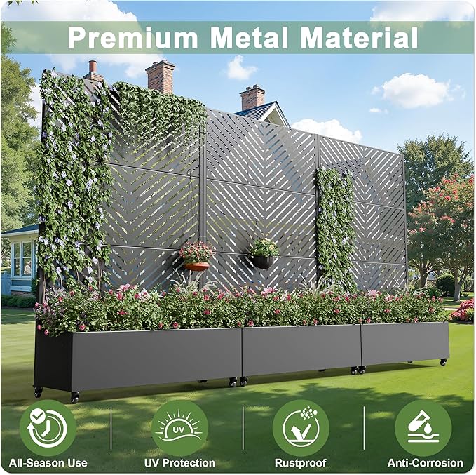 Casaphoria Metal Raised Garden Bed with Trellis and Wheels, 72"x47"x16" Planter Box for Climbing Plants, Vegetables & Vines, Features Drainage Holes and Privacy Screen (Black-Parallel)