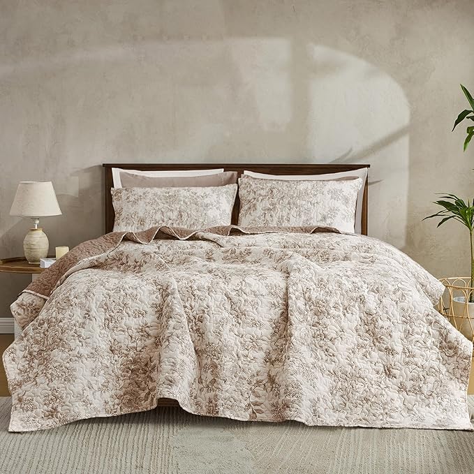 Wonderful Cotton Quilt Set Queen Size Floral Stitch Bedding Set, Taupe Lightweight Bed Cover 3pcs Soft Farmhouse Bedspread Garden Coverlet for All Season