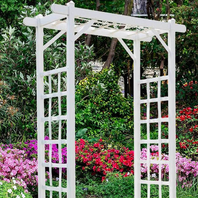 Dura-Trel Elmwood Arbor, Vinyl Garden Archway for Outdoors, 57" x 85", White - Backyard Decorative Arch for Pathways & Entrances w/ Trellis Sides for Climbing Plants, Vines & Flowers