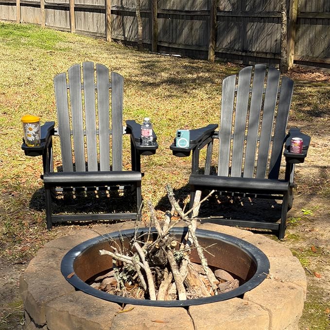 PURPLE LEAF Adirondack Chair Set of 2 HDPE All-Weather Outdoor Fire Pit Chair with 24.6" Oversized Seat Wood-Textured Patio Adirondack Chair with Dual Cup Holders for Garden Deck Backyard, Black