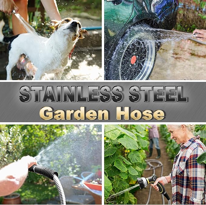 TheFitLife Flexible Metal Garden Water Hose - Upgrade Leak and Fray Resistant Design, Stainless Steel with Solid Fittings and Sprayer Nozzle, Lightweight Kink Free Durable Easy Storage (100 FT)