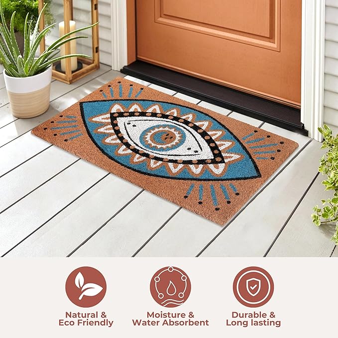 Folkulture Welcome Matt Outdoor | 16 x 28 Evil Eye Decor Mat for Front Door Mat Outside Entrance | Eco Friendly | Welcome-Mats Cute | Coir Door Mats | Outdoor Decor for Home | Durable & Anti Slip