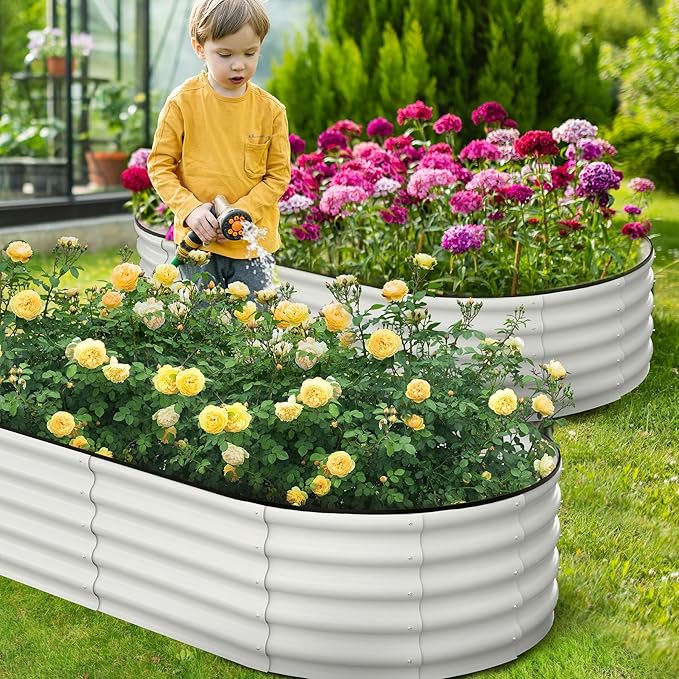2 Pcs 6x3x1 ft Oval Galvanized Raised Garden Beds, Metal Planter Boxes with Open Base, Tool-Free Assembly for Vegetables, Flowers, Herbs - Outdoor & Patio Use, White
