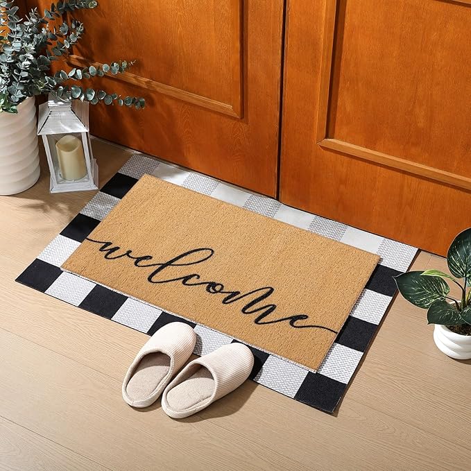 Tinideya 2 Pcs Door Mat Welcome Non Slip Coir Mats Black White Buffalo Plaid Checked Floor Layering Doormats Seasonal for Front Porch Entryway Decor(Welcome)