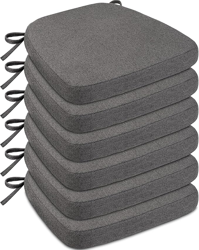 Chair Cushions for Dining Chairs, D-Shaped Seat Cushions with Removable Washable Cover and Ties, Chair Pads for Kitchen, Indoor Dining Room, Patio Chairs, 17'' x 16'', Set of 6, Dark Grey