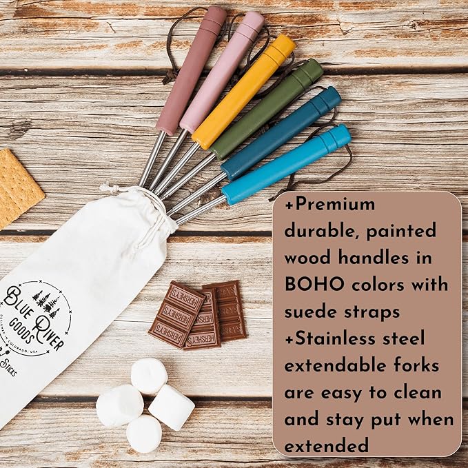 Smores Sticks | Set of 6 Marshmallow Roasting Sticks in Boho Colors | Extendable Stainless Steel w/Solid Wood Handles | Marshmallow Sticks for Fire Pit | Smore Sticks for Fire Pit