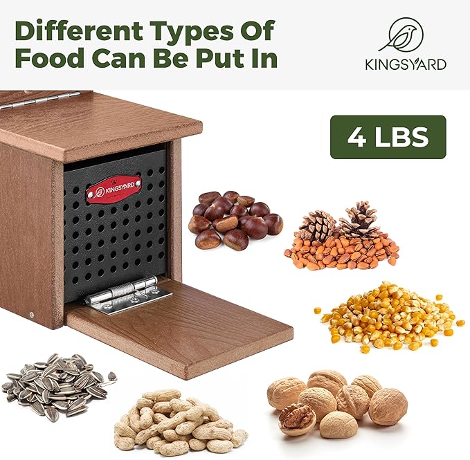 Kingsyard Squirrel Feeder Box for Outside, Recycled Plastic Squirrel Feeder with Removable Metal Front Panel & Perch, Easy to Fill & Clean, Weather-Proof Roof (Brown)